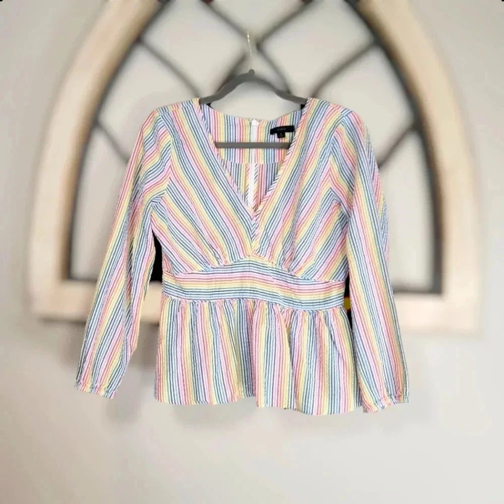 J. Crew Womens Peplum Rainbow Seersucker Shirt V Neck Long Sleeve Zipper Size 6